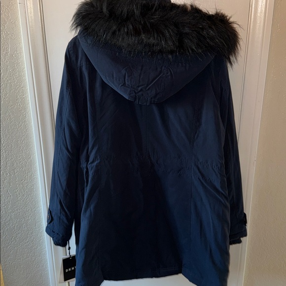 NWT DKNY Women's Dark Blue Faux Fur Water Resistant Anorak Coat XL 23 1/2 Pit - Picture 3 of 16